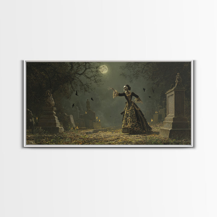 The Graveyard Dance, Ornate Symbolist Art, Wide Panoramic Art, Dark Fantasy Wall Art, Canvas Print, Halloween Wall Art