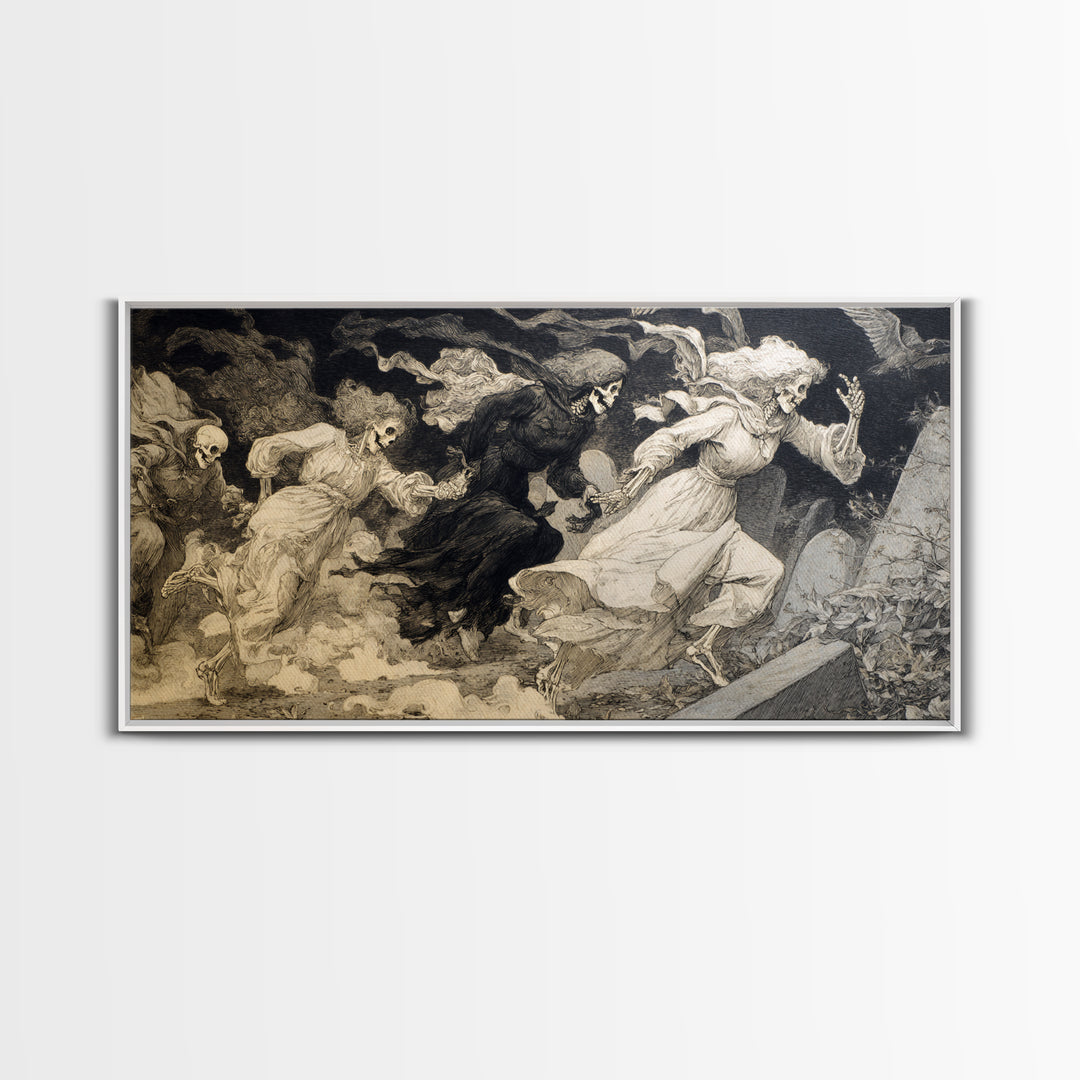 The Graveyard Dance, Decadent Gothic Art, Wide Panoramic Art, Macabre Wall Art, Canvas Print, Halloween Wall Art
