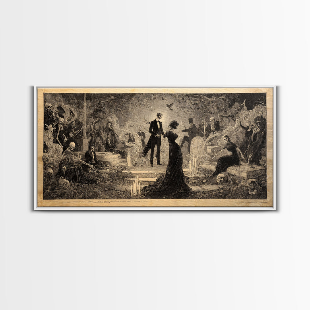 The Graveyard Dance, Dark Symbolist Art, Wide Panoramic Art, Dark Halloween Decor, Framed Canvas Print, Halloween Wall Art