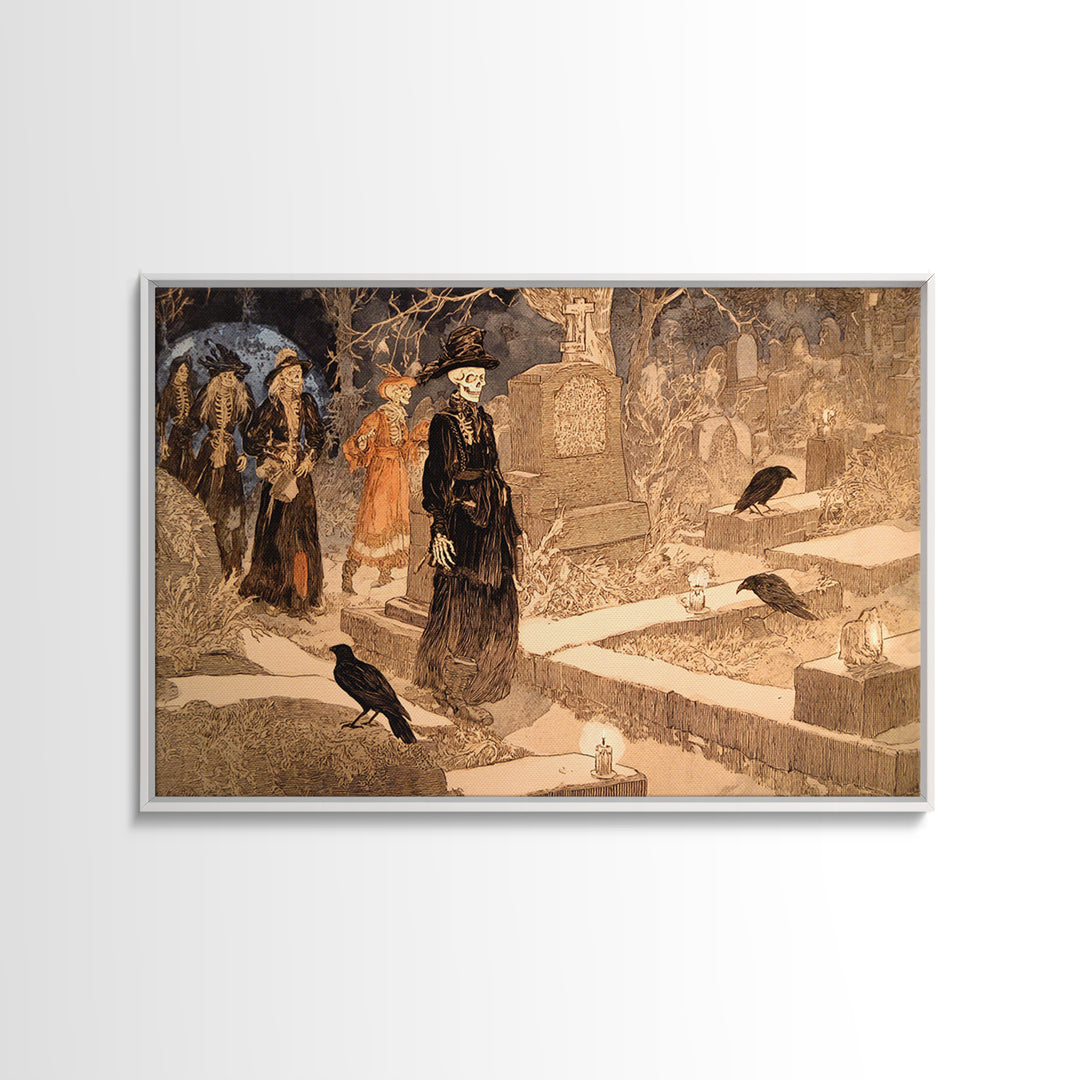 The Graveyard Dance, Symbolist Etching Art, Landscape Wall Art, Gothic Horror Wall Art, Framed Canvas Print, Halloween Wall Art