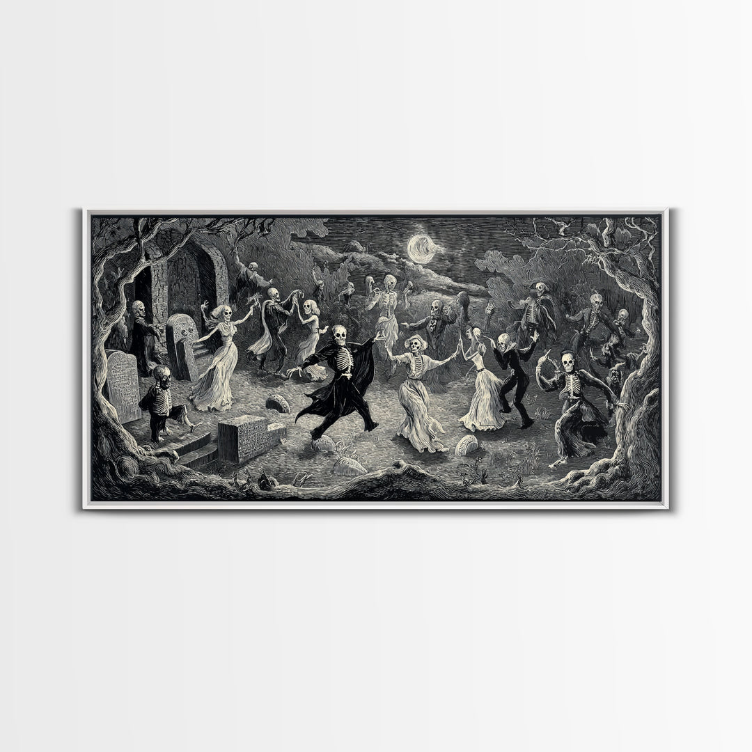 The Graveyard Dance, Expressionist Nightmare Art, Wide Panoramic Art, Dark Fantasy Wall Art, Framed Canvas Print, Halloween Wall Art