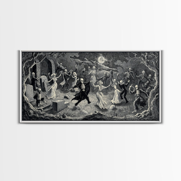 The Graveyard Dance, Expressionist Nightmare Art, Wide Panoramic Art, Dark Fantasy Wall Art, Framed Canvas Print, Halloween Wall Art
