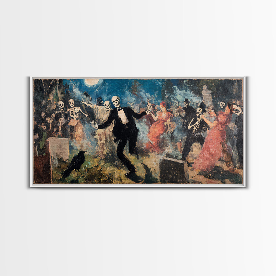 The Graveyard Dance, Grotesque Carnival Art, Wide Panoramic Art, Gothic Horror Wall Art, Canvas Print, Halloween Wall Art