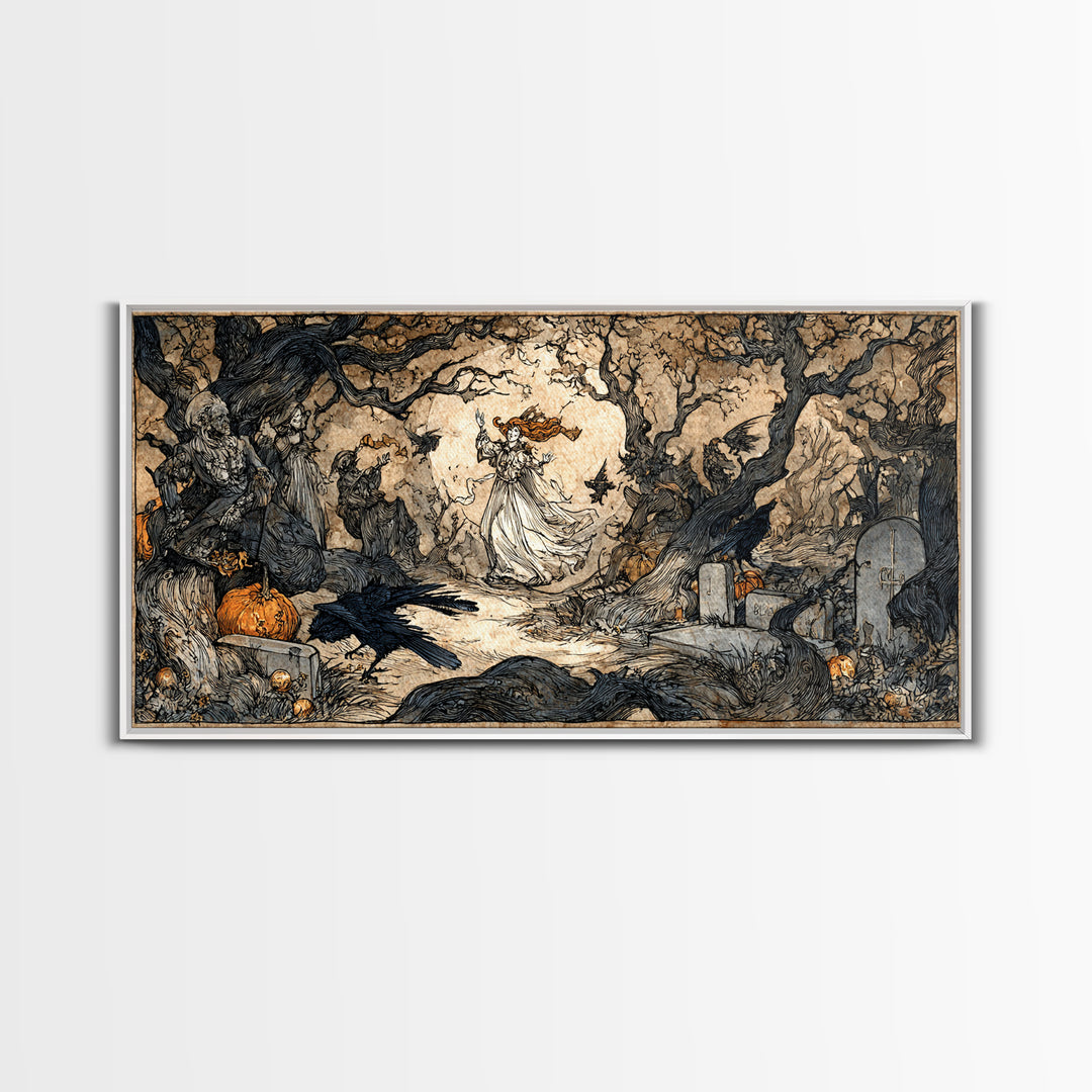 The Graveyard Dance, Gothic Storybook Art, Wide Panoramic Art, Dark Halloween Decor, Canvas Print, Halloween Wall Art