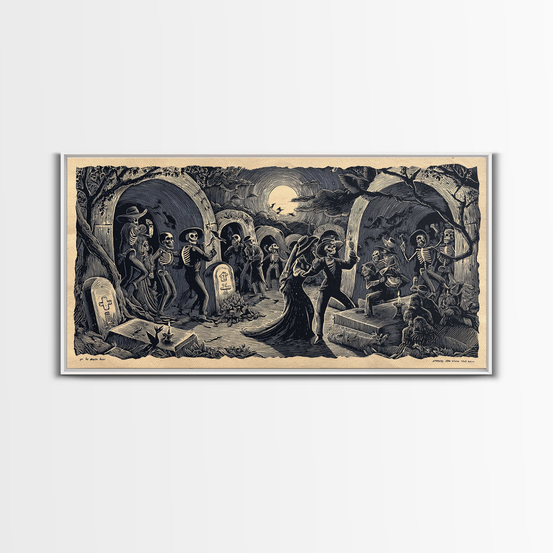 The Graveyard Dance, Macabre Folk Print Art, Wide Panoramic Art, Macabre Wall Art, Canvas Print, Halloween Wall Art