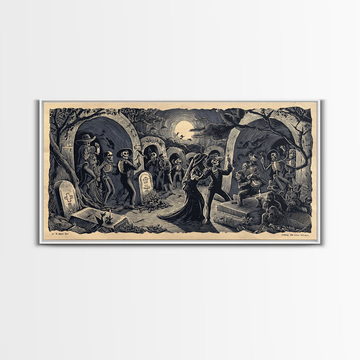 The Graveyard Dance, Macabre Folk Print Art, Wide Panoramic Art, Macabre Wall Art, Canvas Print, Halloween Wall Art