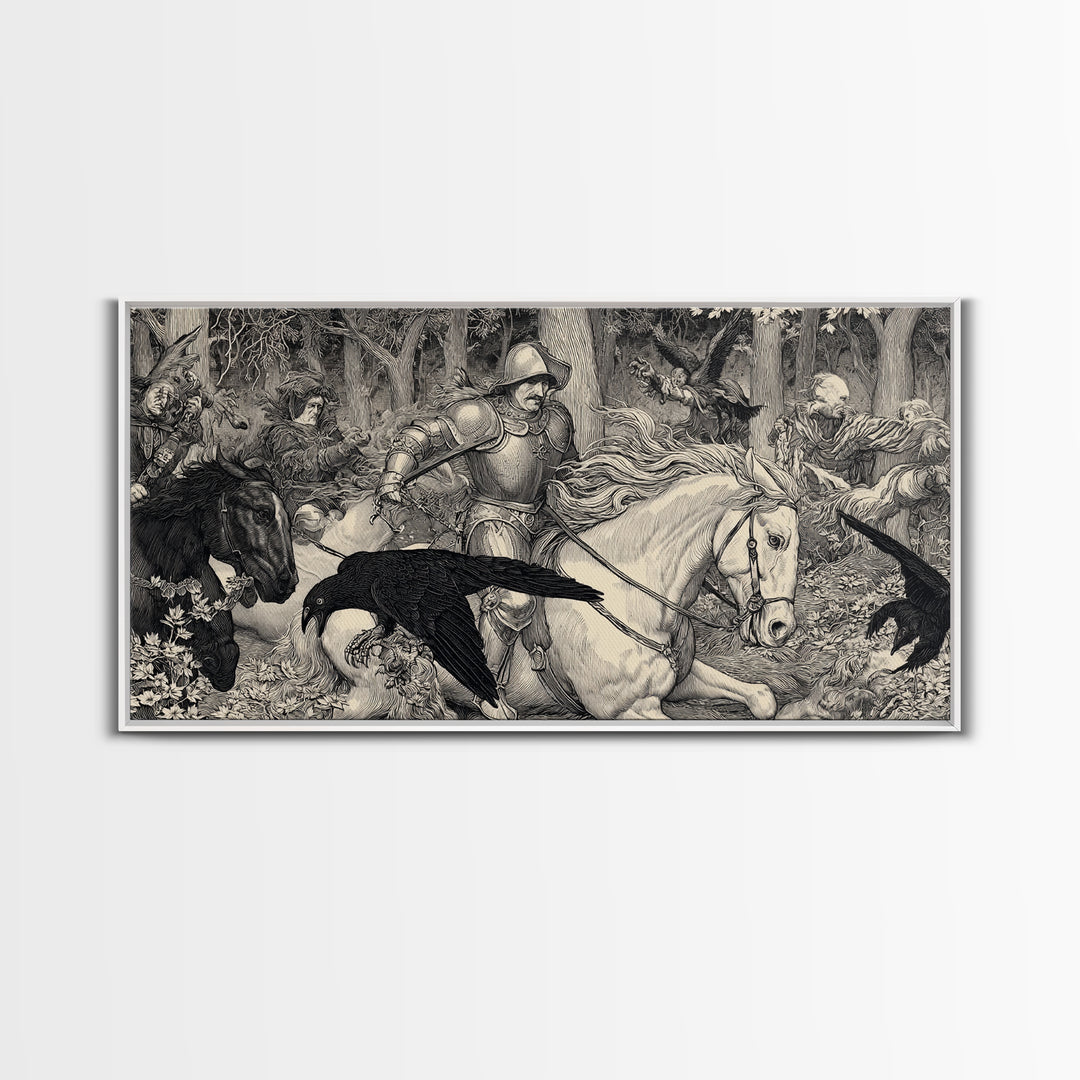 The Haunted Hayride, Renaissance Engraving Art, Wide Panoramic Art, Gothic Horror Wall Art, Framed Canvas Print, Halloween Wall Art