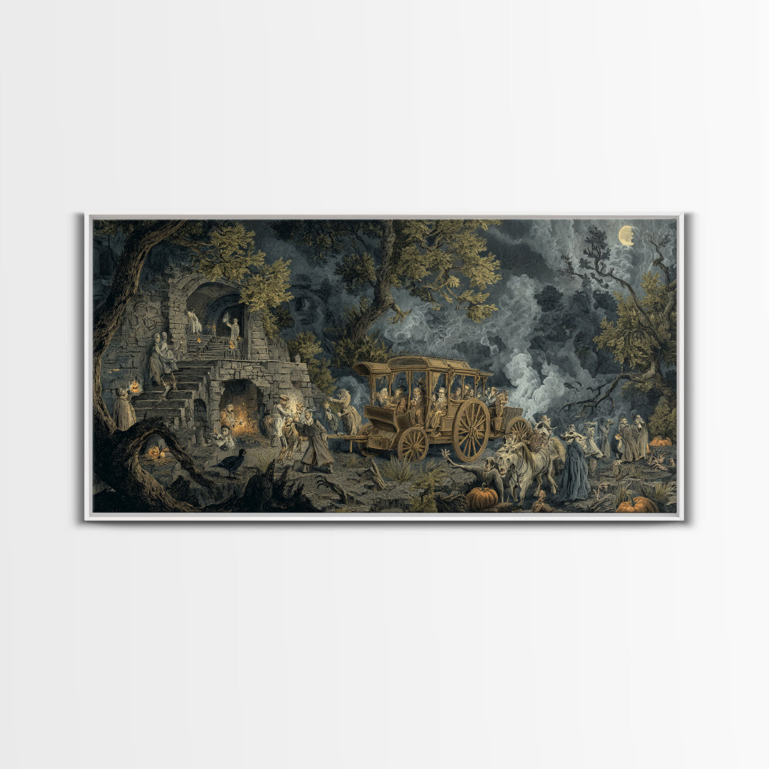 The Haunted Hayride, Architectural Etching Art, Wide Panoramic Art, Dark Fantasy Wall Art, Framed Canvas Print
