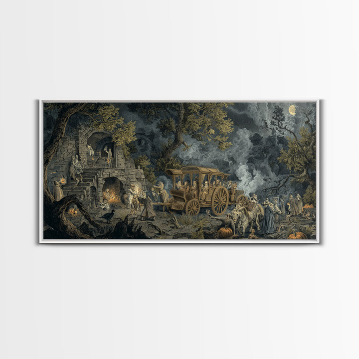 The Haunted Hayride, Architectural Etching Art, Wide Panoramic Art, Dark Fantasy Wall Art, Framed Canvas Print