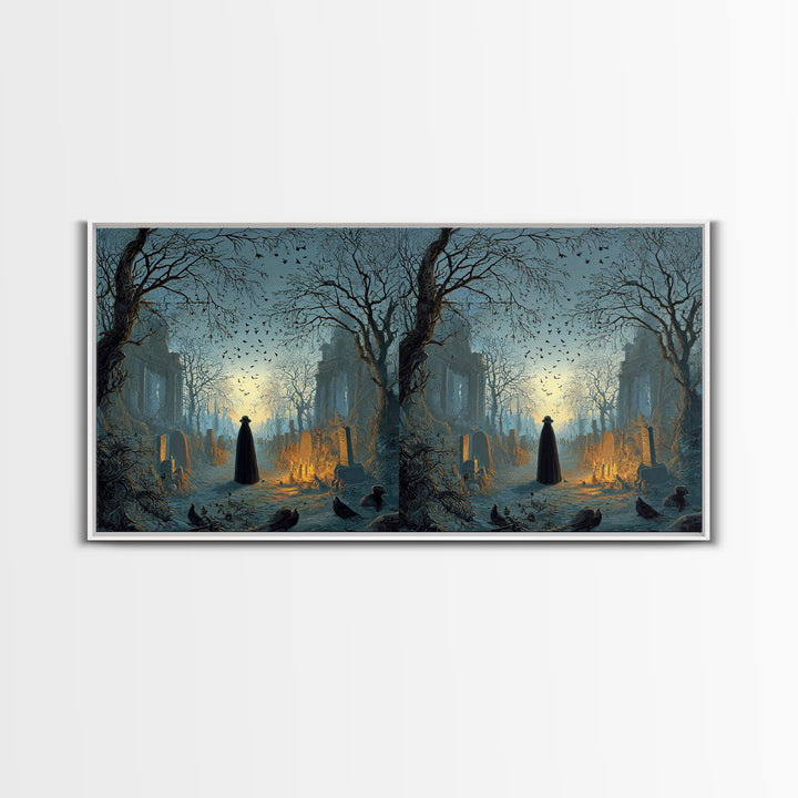 The Haunted Hayride, Romantic Gothic Landscape, Wide Panoramic Art, Dark Fantasy Wall Art, Framed Canvas Print, Halloween Wall Art