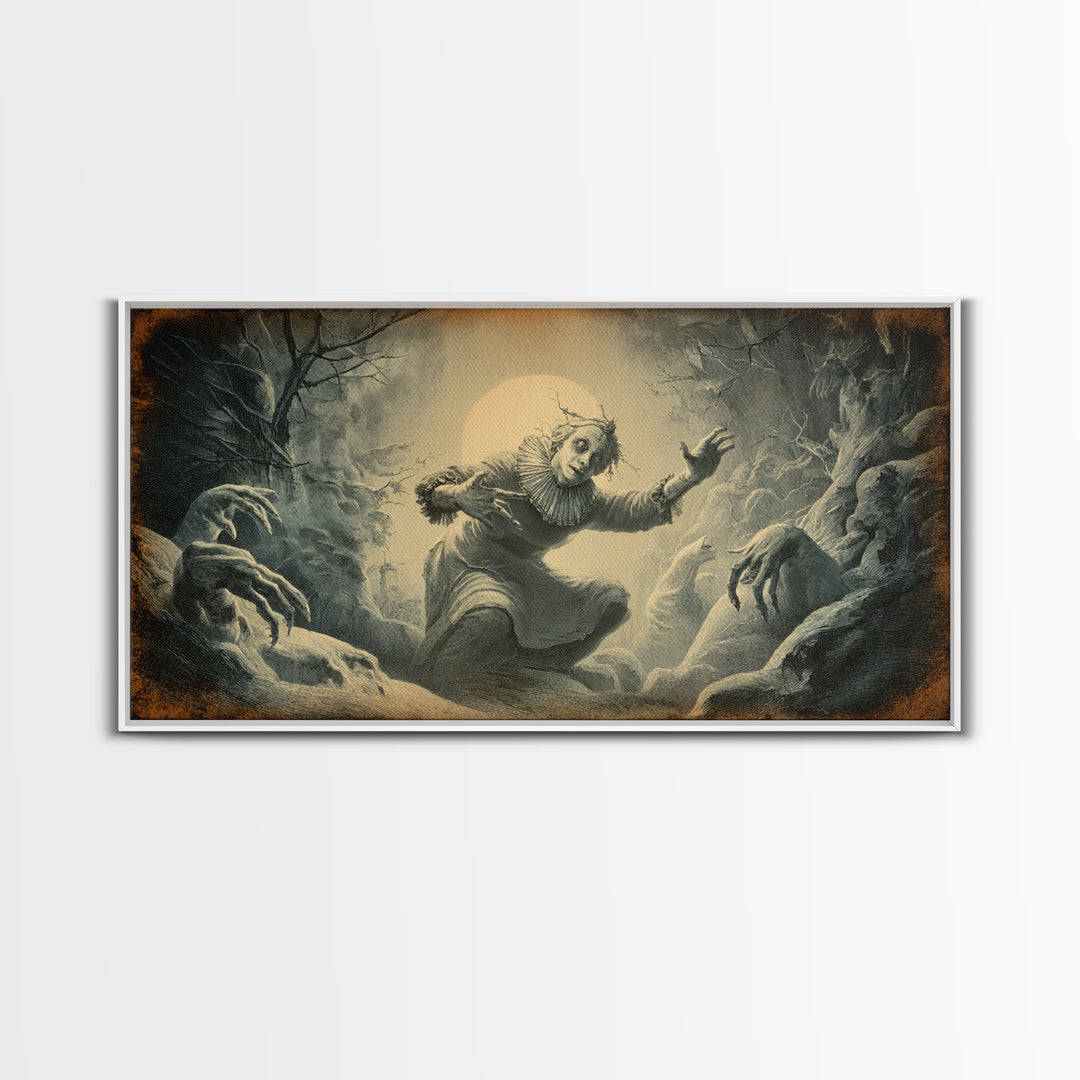 The Haunted Hayride, Expressionist Nightmare Art, Wide Panoramic Art, Macabre Wall Art, Framed Canvas Print, Halloween Wall Art