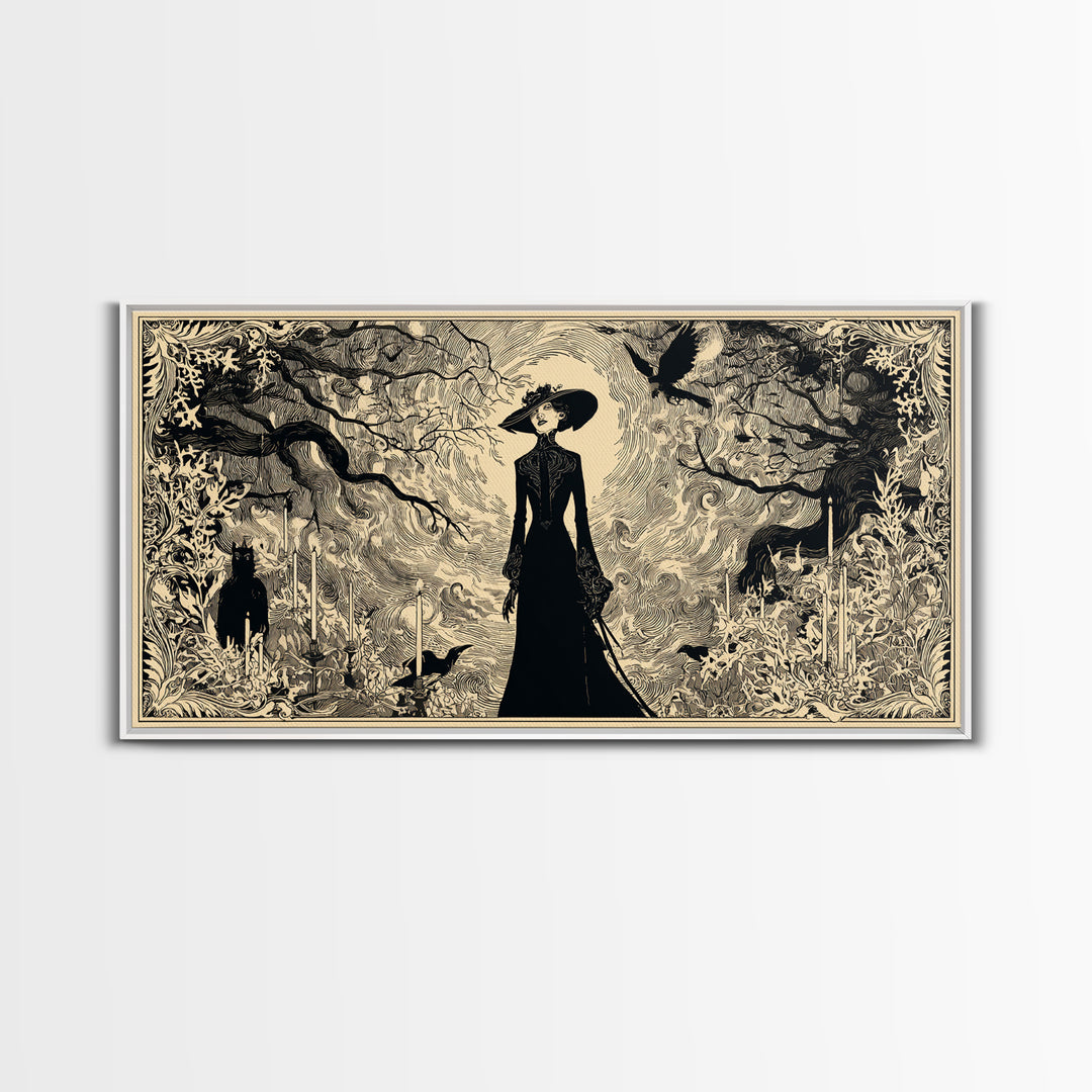 The Haunted Hayride, Decadent Line Art, Wide Panoramic Art, Dark Fantasy Wall Art, Canvas Print, Halloween Wall Art