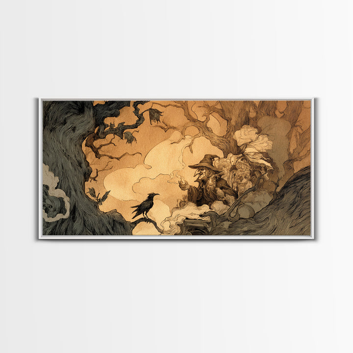 The Haunted Hayride, Gothic Storybook Art, Wide Panoramic Art, Dark Halloween Decor, Framed Canvas Print, Halloween Wall Art