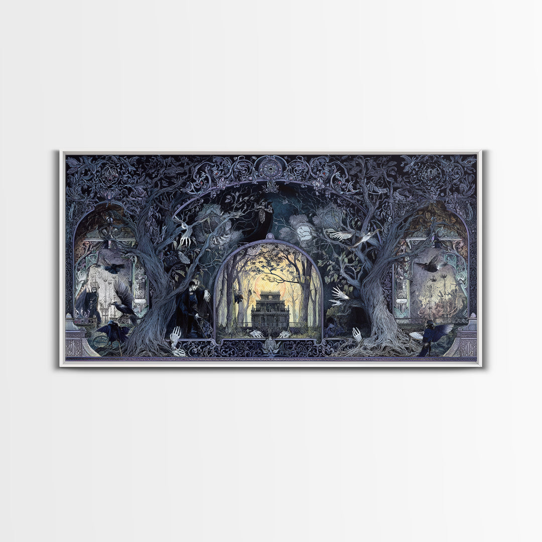 The Haunted Hayride, Stained Glass Gothic Art, Wide Panoramic Art, Gothic Horror Wall Art, Framed Canvas Print, Halloween Wall Art