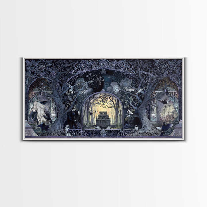 The Haunted Hayride, Stained Glass Gothic Art, Wide Panoramic Art, Gothic Horror Wall Art, Framed Canvas Print, Halloween Wall Art