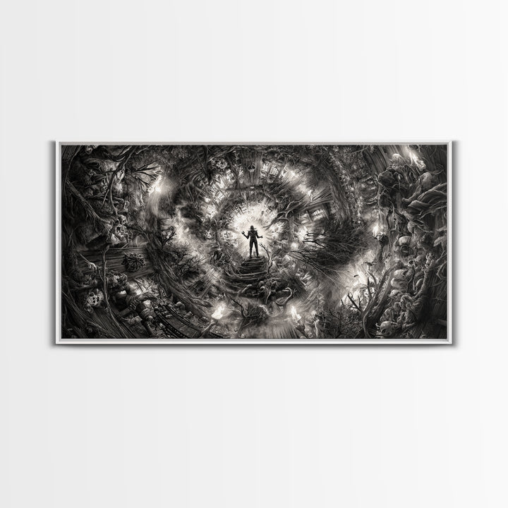 The Haunted Hayride, Biomechanical Horror Art, Wide Panoramic Art, Macabre Wall Art, Framed Canvas Print, Halloween Wall Art