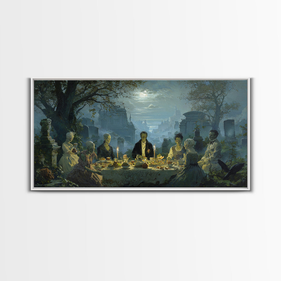 The Zombie Picnic, Romantic Gothic Landscape, Wide Panoramic Art, Dark Halloween Decor, Canvas Print, Halloween Wall Art