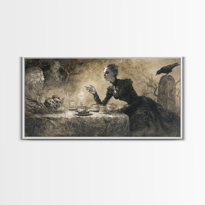 The Zombie Picnic, Symbolist Dream Art, Wide Panoramic Art, Macabre Wall Art, Framed Canvas Print, Halloween Wall Art