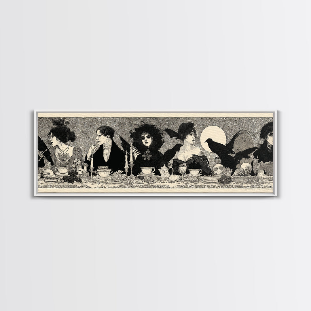 The Zombie Picnic, Decadent Line Art, Extra Wide Wall Art, Dark Halloween Decor, Framed Canvas Print, Halloween Wall Art