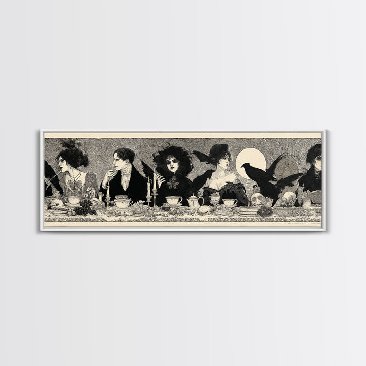 The Zombie Picnic, Decadent Line Art, Extra Wide Wall Art, Dark Halloween Decor, Framed Canvas Print, Halloween Wall Art