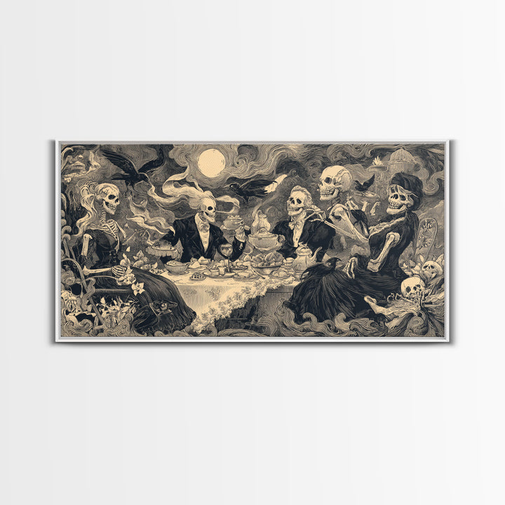 The Zombie Picnic, Macabre Folk Print Art, Wide Panoramic Art, Macabre Wall Art, Framed Canvas Print, Halloween Wall Art