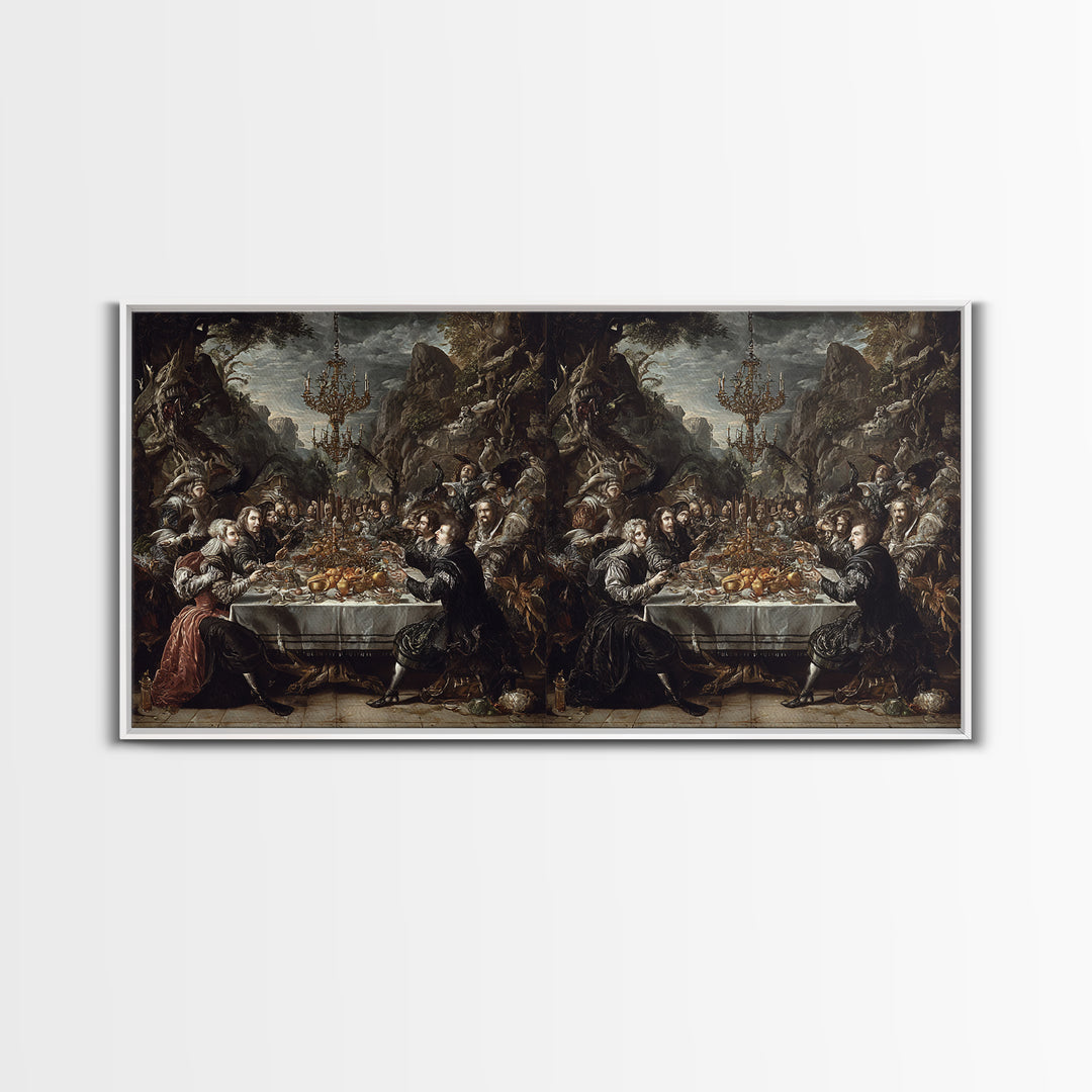 The Vampire Banquet, Baroque Witchcraft Art, Wide Panoramic Art, Dark Fantasy Wall Art, Framed Canvas Print, Halloween Wall Art