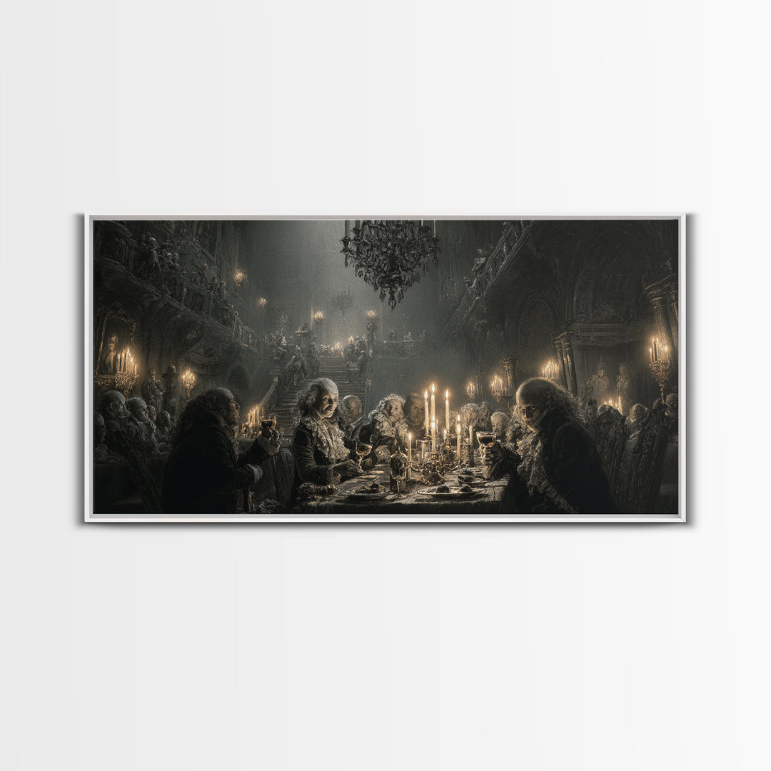 The Vampire Banquet, Architectural Etching Art, Wide Panoramic Art, Gothic Horror Wall Art, Canvas Print, Halloween Wall Art
