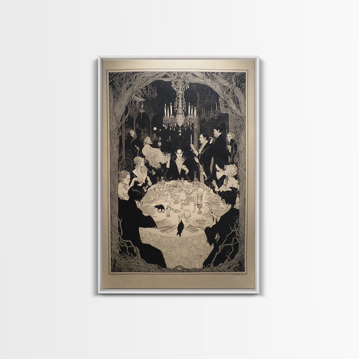 The Vampire Banquet, Decadent Line Art, Vertical Wall Art, Gothic Horror Wall Art, Framed Canvas Print, Halloween Wall Art