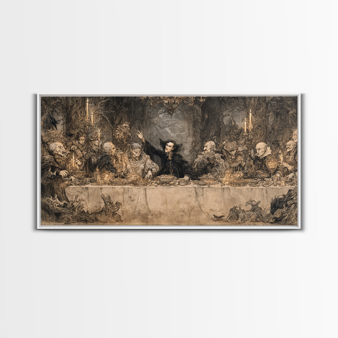 The Vampire Banquet, Gothic Storybook Art, Wide Panoramic Art, Dark Fantasy Wall Art, Canvas Print, Halloween Wall Art
