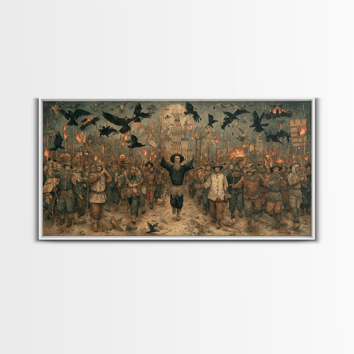 The Scarecrow Uprising, Northern Renaissance Horror, Wide Panoramic Art, Macabre Wall Art, Framed Canvas Print, Halloween Wall Art