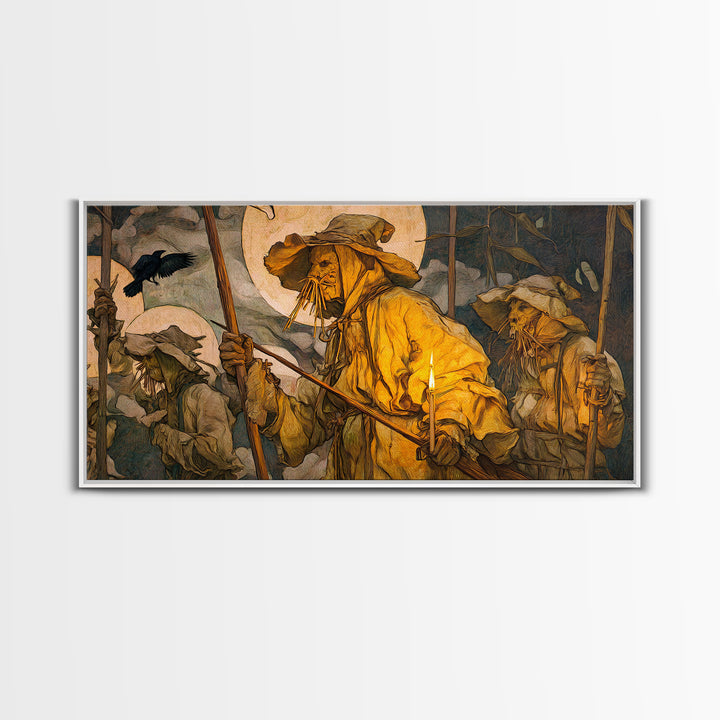 The Scarecrow Uprising, Dark Renaissance Art, Wide Panoramic Art, Dark Halloween Decor, Framed Canvas Print, Halloween Wall Art