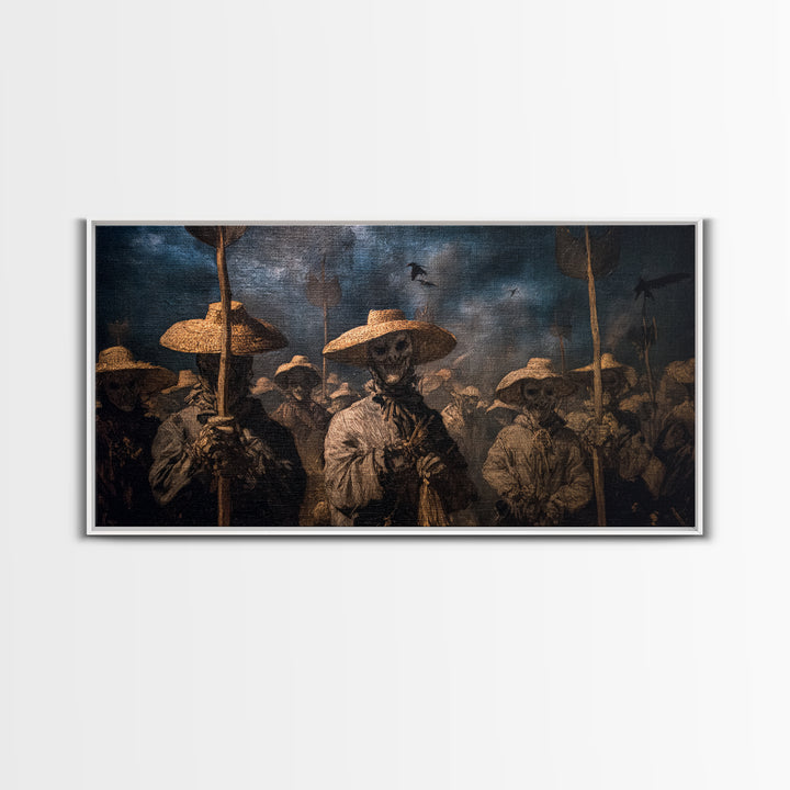 The Scarecrow Uprising, Dark Romantic Horror Art, Wide Panoramic Art, Macabre Wall Art, Framed Canvas Print, Halloween Wall Art