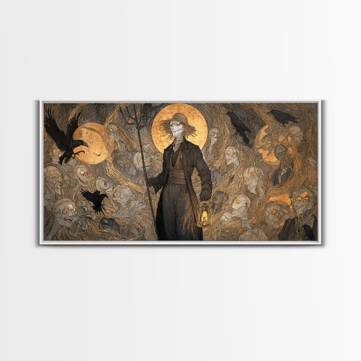 The Scarecrow Uprising, Gothic Nightmare Art, Wide Panoramic Art, Dark Halloween Decor, Framed Canvas Print, Halloween Wall Art
