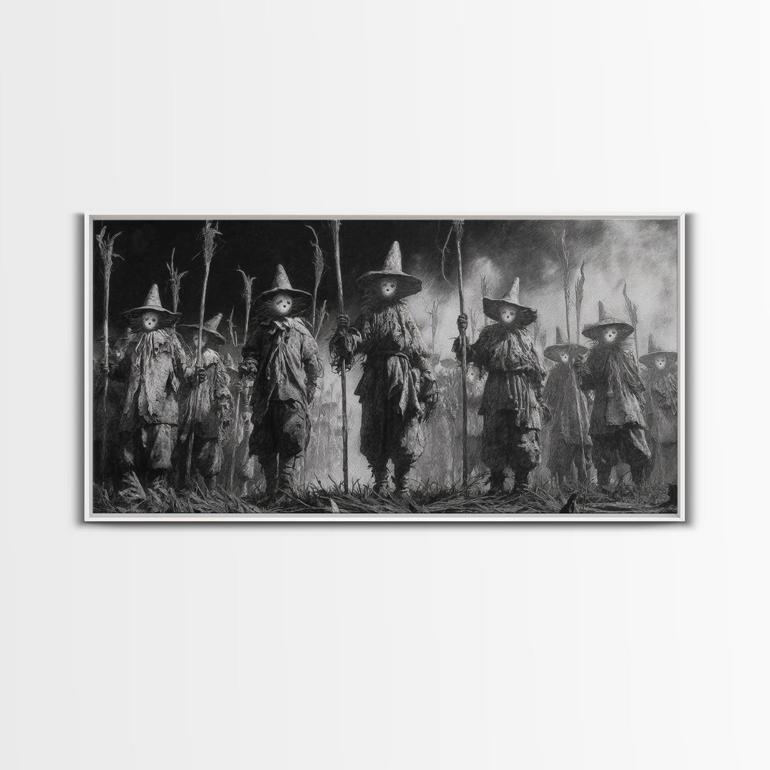The Scarecrow Uprising, Symbolist Dream Art, Wide Panoramic Art, Dark Fantasy Wall Art, Framed Canvas Print, Halloween Wall Art