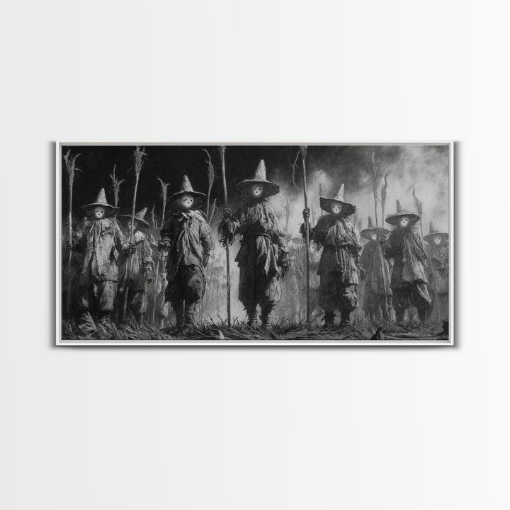 The Scarecrow Uprising, Symbolist Dream Art, Wide Panoramic Art, Dark Fantasy Wall Art, Framed Canvas Print, Halloween Wall Art
