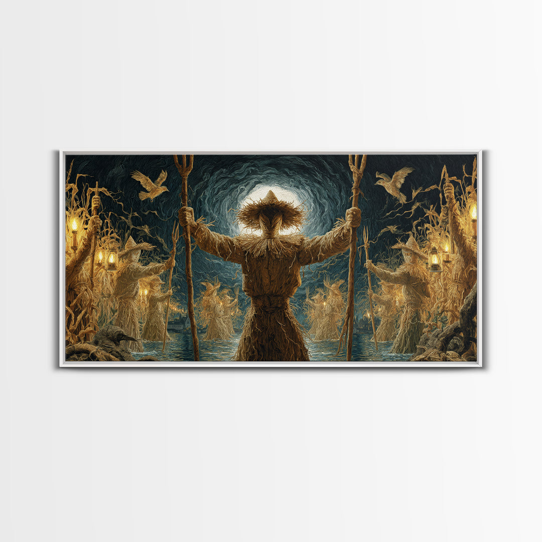 The Scarecrow Uprising, Symbolist Gothic Landscape, Wide Panoramic Art, Macabre Wall Art, Framed Canvas Print, Halloween Wall Art