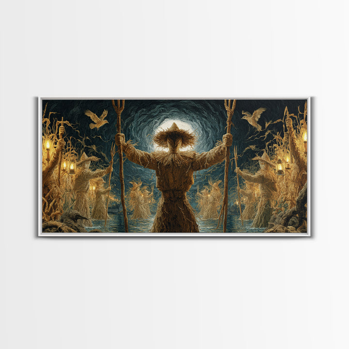 The Scarecrow Uprising, Symbolist Gothic Landscape, Wide Panoramic Art, Macabre Wall Art, Framed Canvas Print, Halloween Wall Art