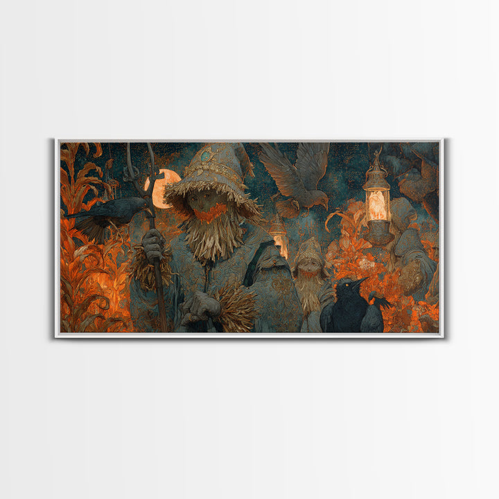 The Scarecrow Uprising, Ornate Symbolist Art, Wide Panoramic Art, Gothic Horror Wall Art, Framed Canvas Print, Halloween Wall Art