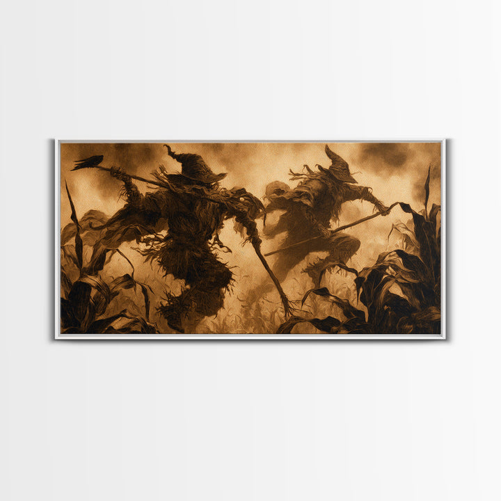 The Scarecrow Uprising, Dark Symbolist Art, Wide Panoramic Art, Macabre Wall Art, Framed Canvas Print, Halloween Wall Art