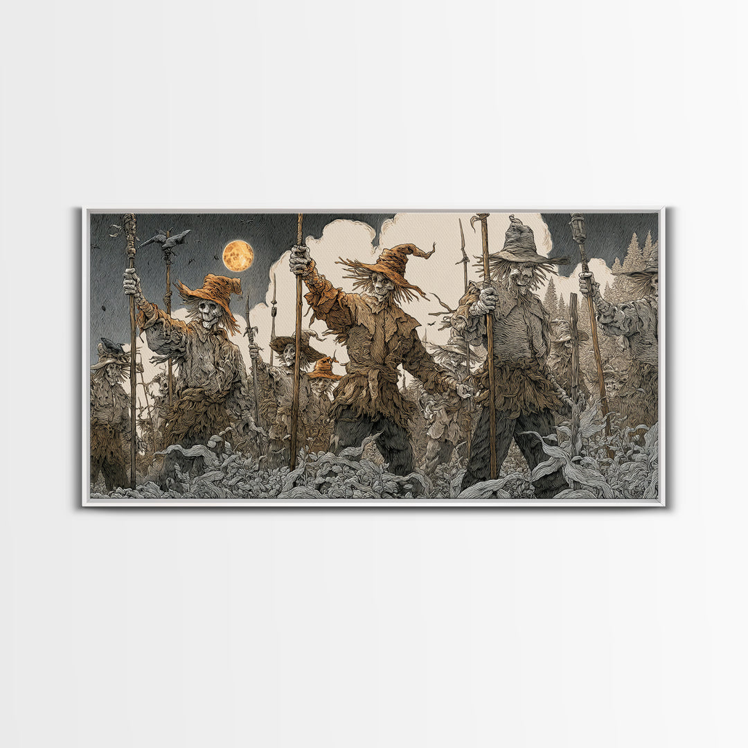 The Scarecrow Uprising, Symbolist Etching Art, Wide Panoramic Art, Macabre Wall Art, Canvas Print, Halloween Wall Art, Statement Wall Art