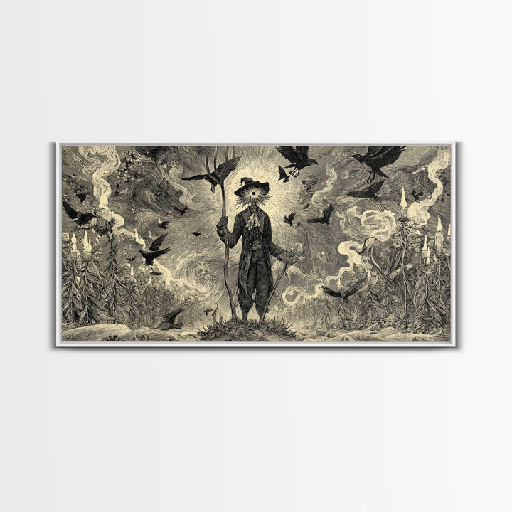 The Scarecrow Uprising, Expressionist Nightmare Art, Wide Panoramic Art, Dark Halloween Decor, Canvas Print, Halloween Wall Art