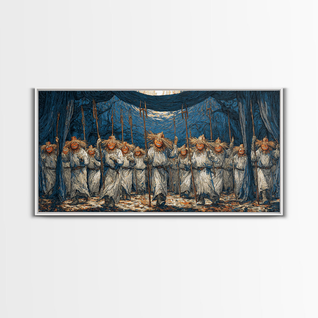 The Scarecrow Uprising, Expressionist Gothic Art, Wide Panoramic Art, Macabre Wall Art, Framed Canvas Print, Halloween Wall Art