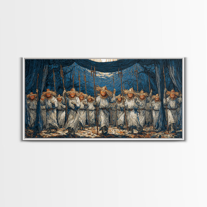 The Scarecrow Uprising, Expressionist Gothic Art, Wide Panoramic Art, Macabre Wall Art, Framed Canvas Print, Halloween Wall Art