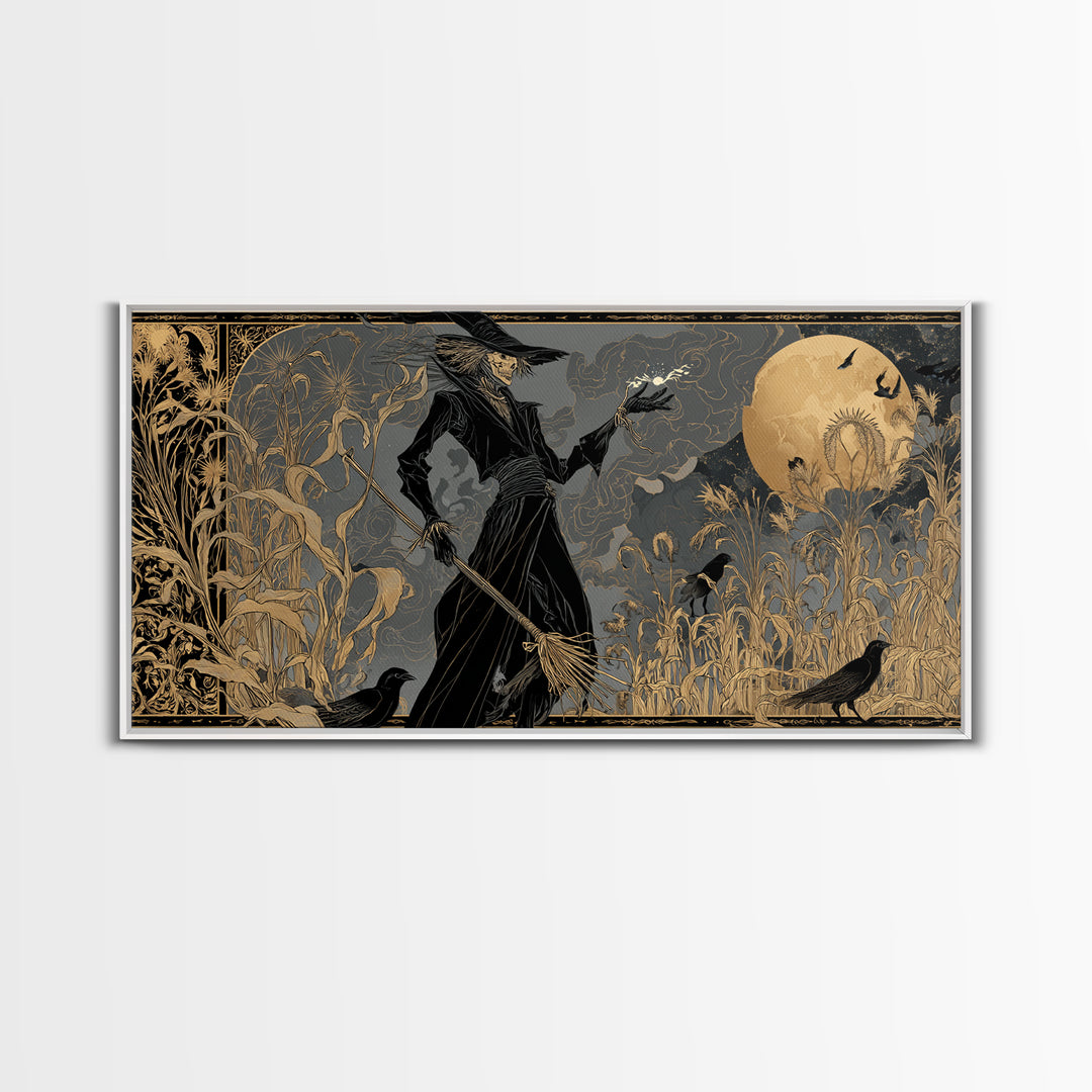 The Scarecrow Uprising, Decadent Line Art, Wide Panoramic Art, Dark Halloween Decor, Framed Canvas Print, Halloween Wall Art