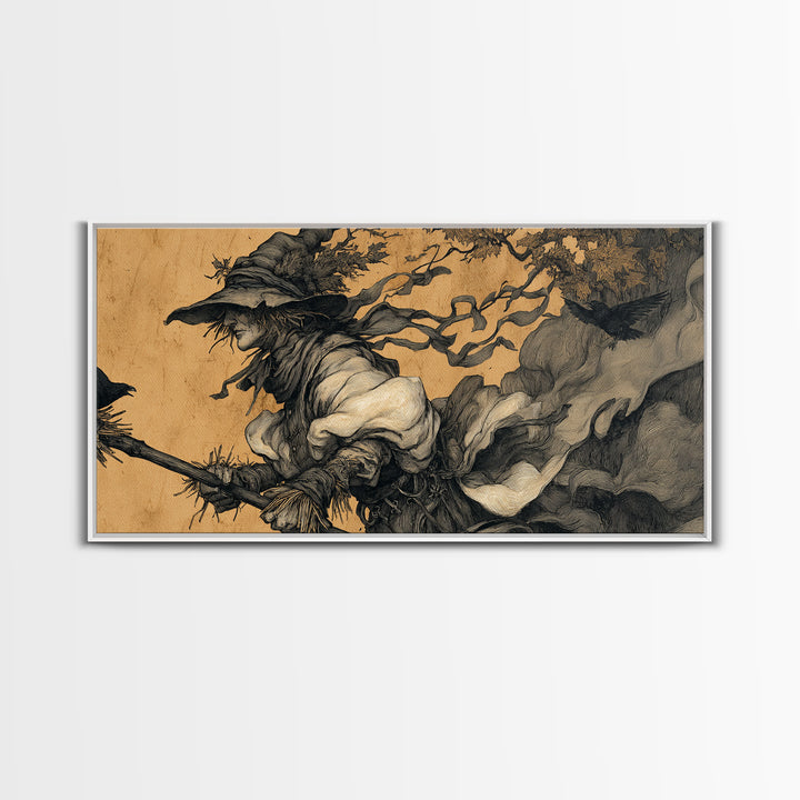 The Scarecrow Uprising, Gothic Storybook Art, Wide Panoramic Art, Dark Halloween Decor, Framed Canvas Print, Halloween Wall Art