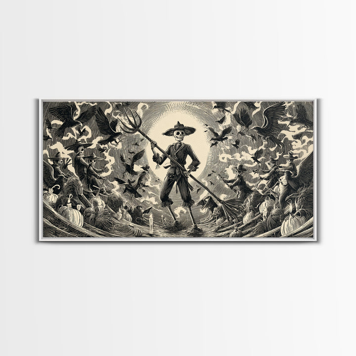The Scarecrow Uprising, Macabre Folk Print Art, Wide Panoramic Art, Dark Fantasy Wall Art, Canvas Print, Halloween Wall Art