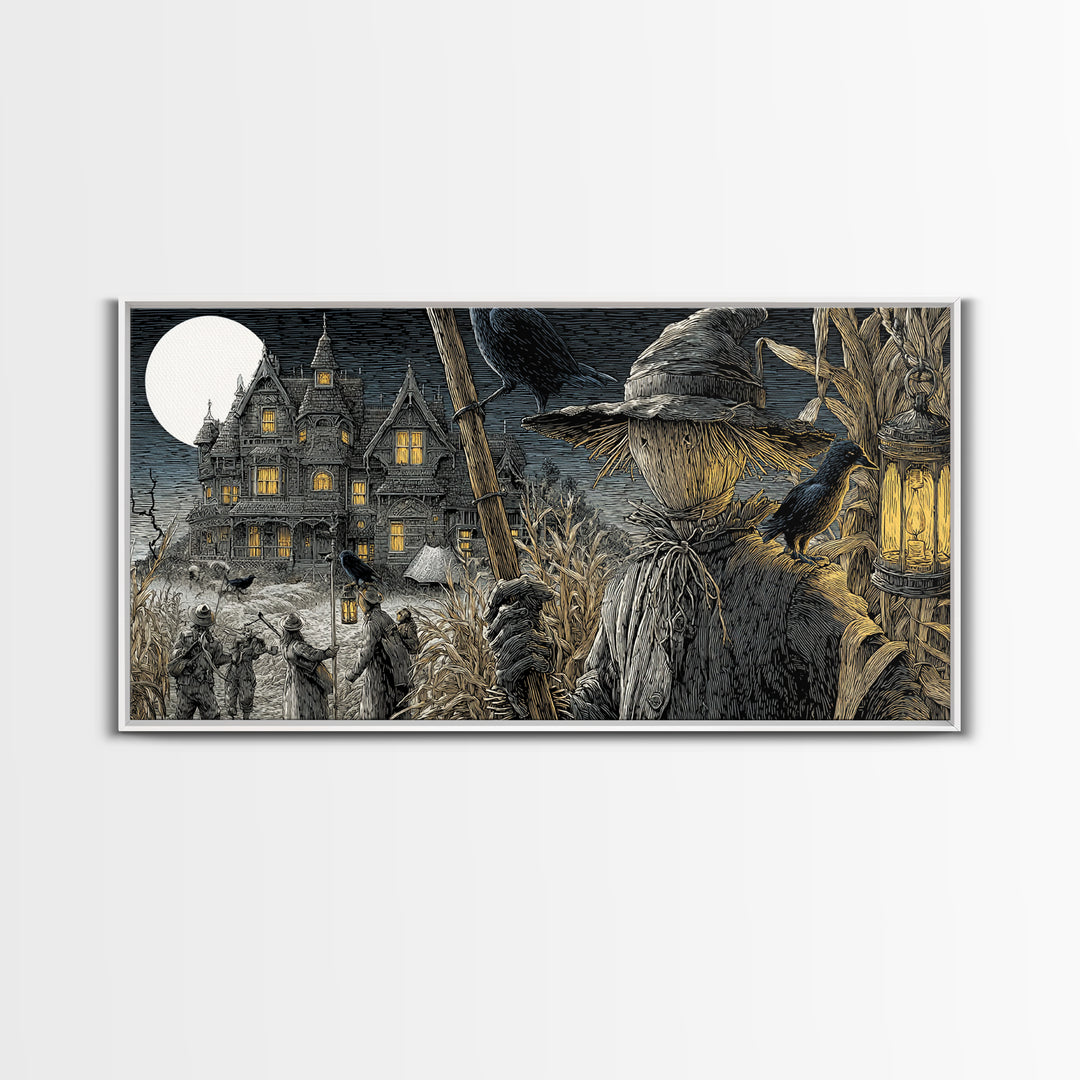 The Scarecrow Uprising, Victorian Macabre Art, Wide Panoramic Art, Macabre Wall Art, Framed Canvas Print, Halloween Wall Art