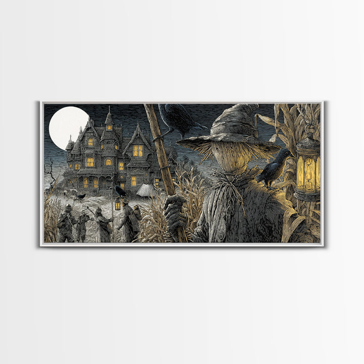 The Scarecrow Uprising, Victorian Macabre Art, Wide Panoramic Art, Macabre Wall Art, Framed Canvas Print, Halloween Wall Art