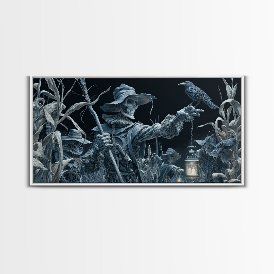 The Scarecrow Uprising, Biomechanical Horror Art, Wide Panoramic Art, Macabre Wall Art, Framed Canvas Print, Halloween Wall Art