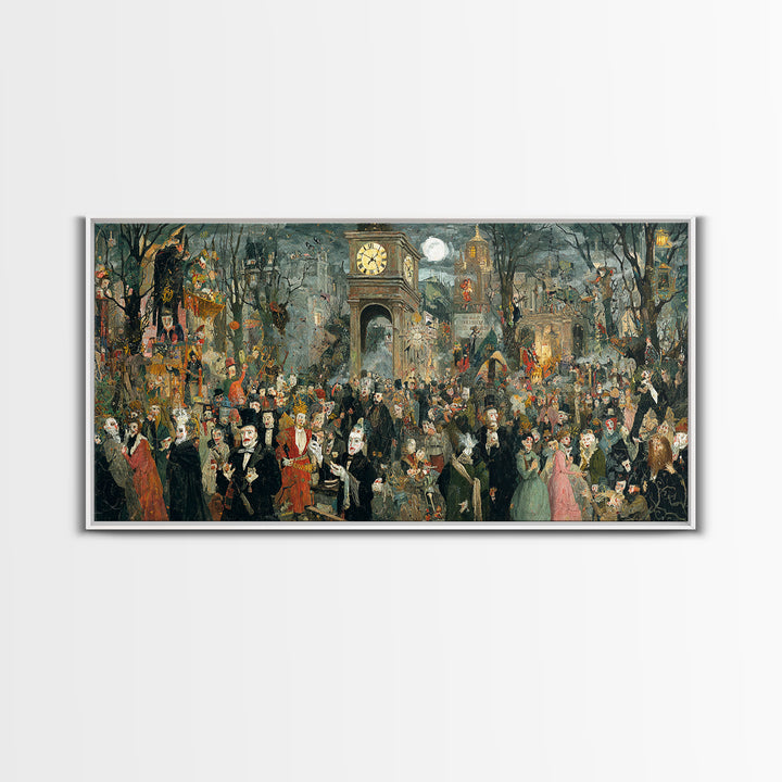 The Thirteenth Bell, Grotesque Carnival Art, Wide Panoramic Art, Dark Fantasy Wall Art, Framed Canvas Print, Halloween Wall Art